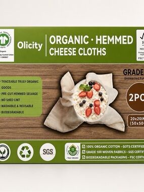 Olicity Organic Cheese Cloths GOTS Certified 2Pack Grade 100 20X20Inch Hemmed